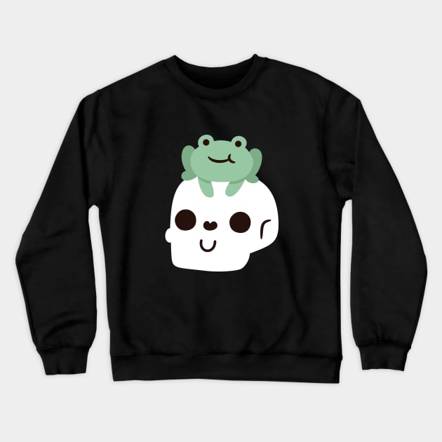 Cute Frog On Happy Skull Skeleton Crewneck Sweatshirt by rustydoodle